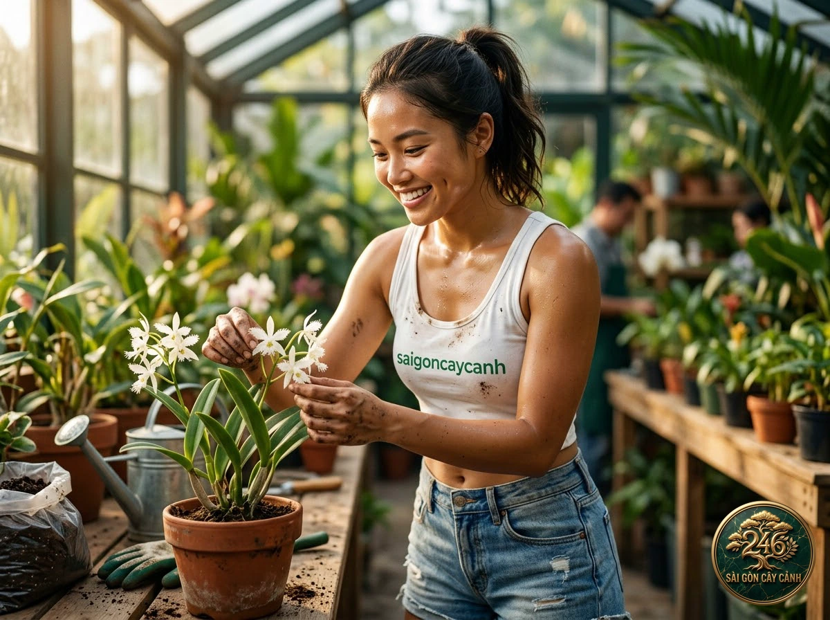 Khoảnh khắc chăm sóc Lan dạ hương lá roi dài (Brassavola flagellaris) tại vườn ươm Sài Gòn Cây Cảnh