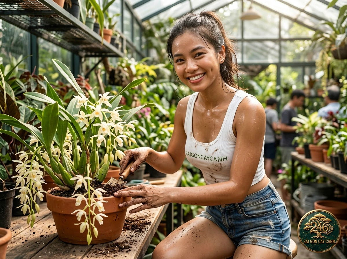 Hands-on plant care moments with Crested coelogyne (Coelogyne cristata) at Saigon Cay Canh