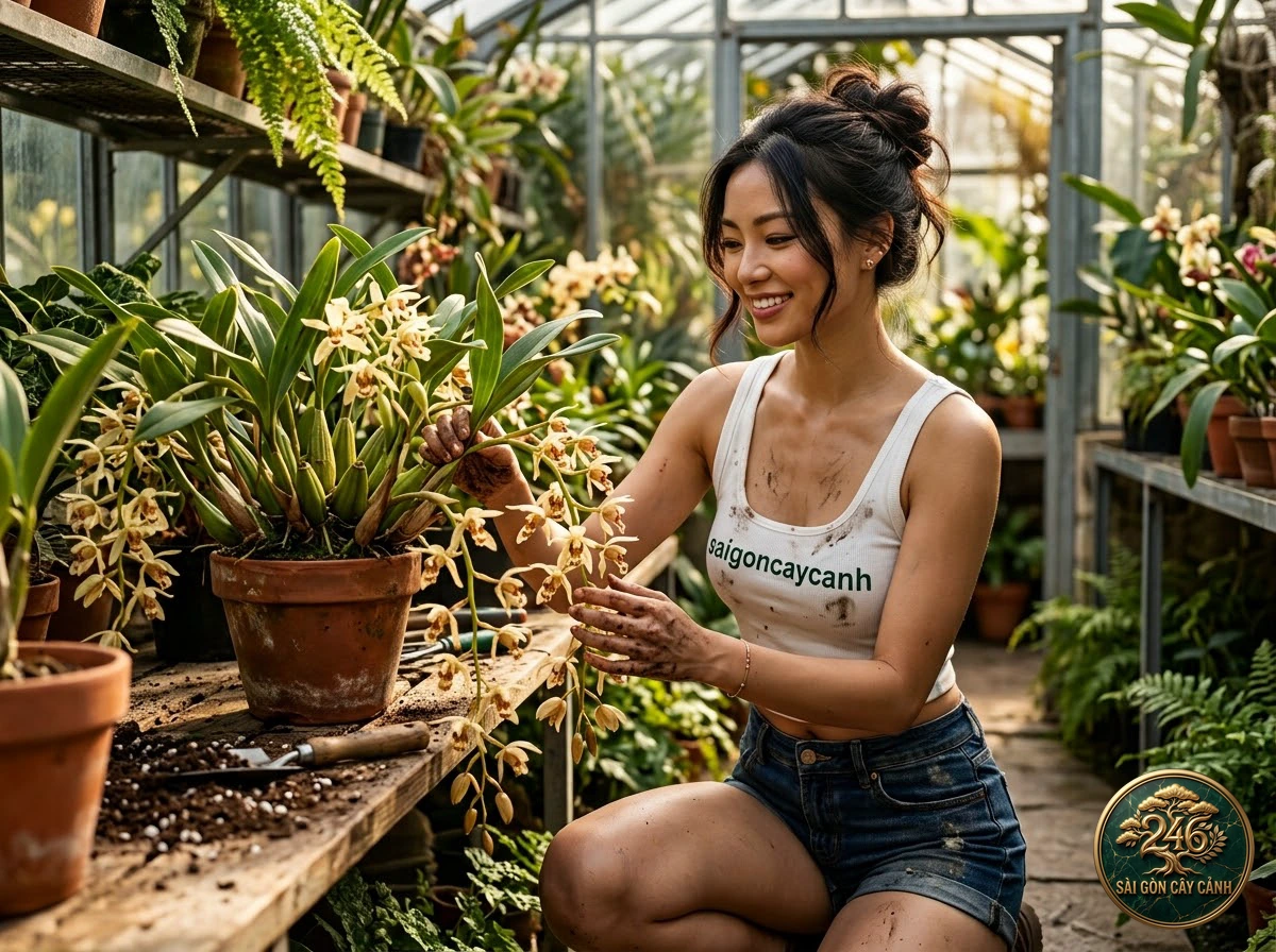 Hands-on plant care moments with Fringed coelogyne (Coelogyne fimbriata) at Saigon Cay Canh