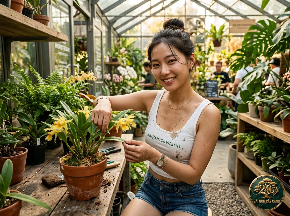 Hands-on plant care moments with Necklace orchid (Coelogyne rochusseni) at Saigon Cay Canh