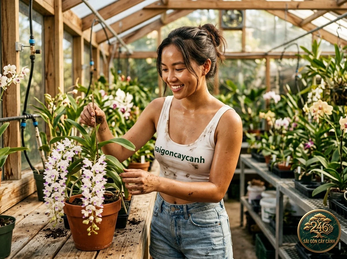 Khoảnh khắc chăm sóc Lan lọng tóc tiên trắng medusa (Bulbophyllum medusae) tại vườn ươm Sài Gòn Cây Cảnh