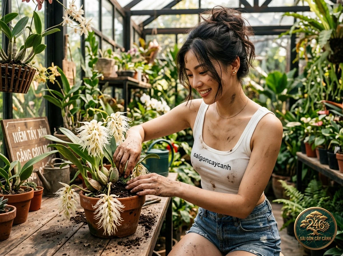 Hands-on plant care moments with Sickle-shaped aerides (Aerides falcata) at Saigon Cay Canh
