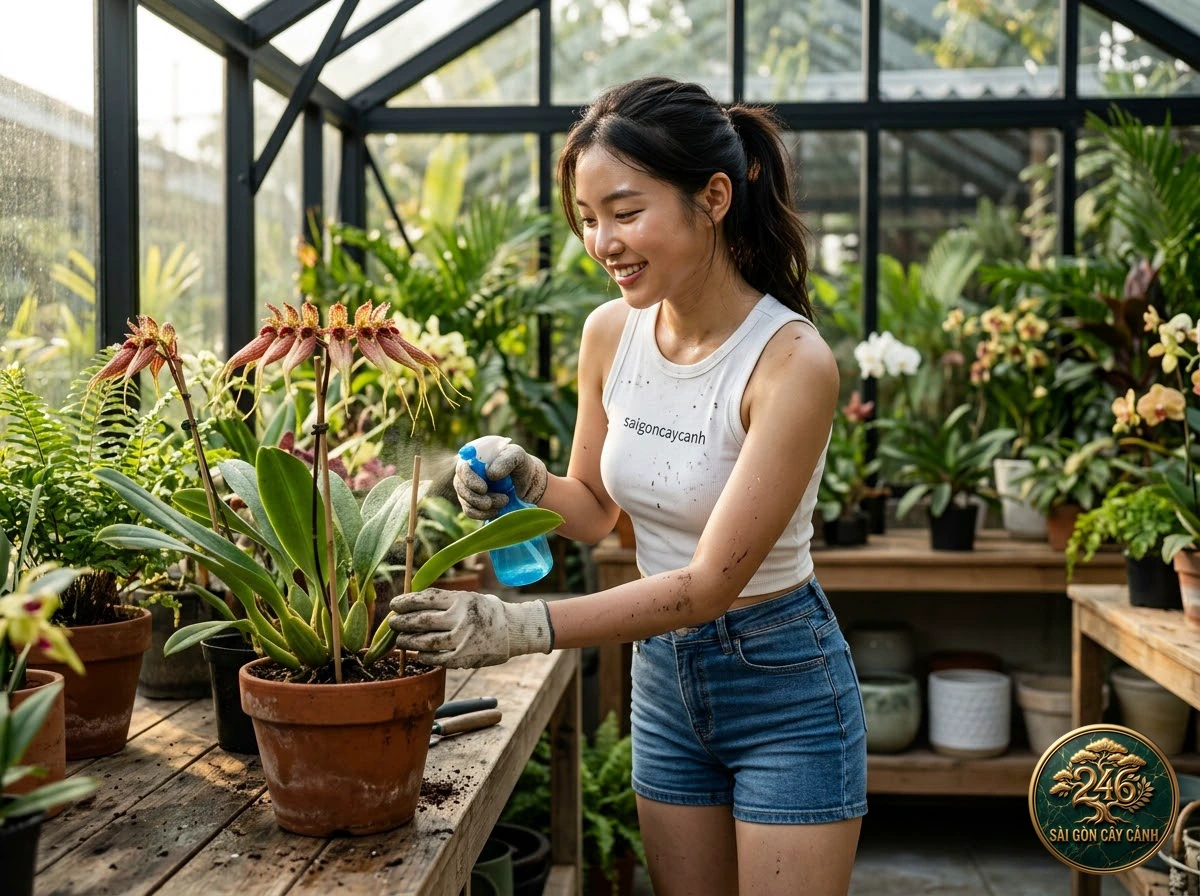Khoảnh khắc chăm sóc Lan ngọc điểm đai châu nghinh xuân (Rhynchostylis gigantea) tại vườn ươm Sài Gòn Cây Cảnh