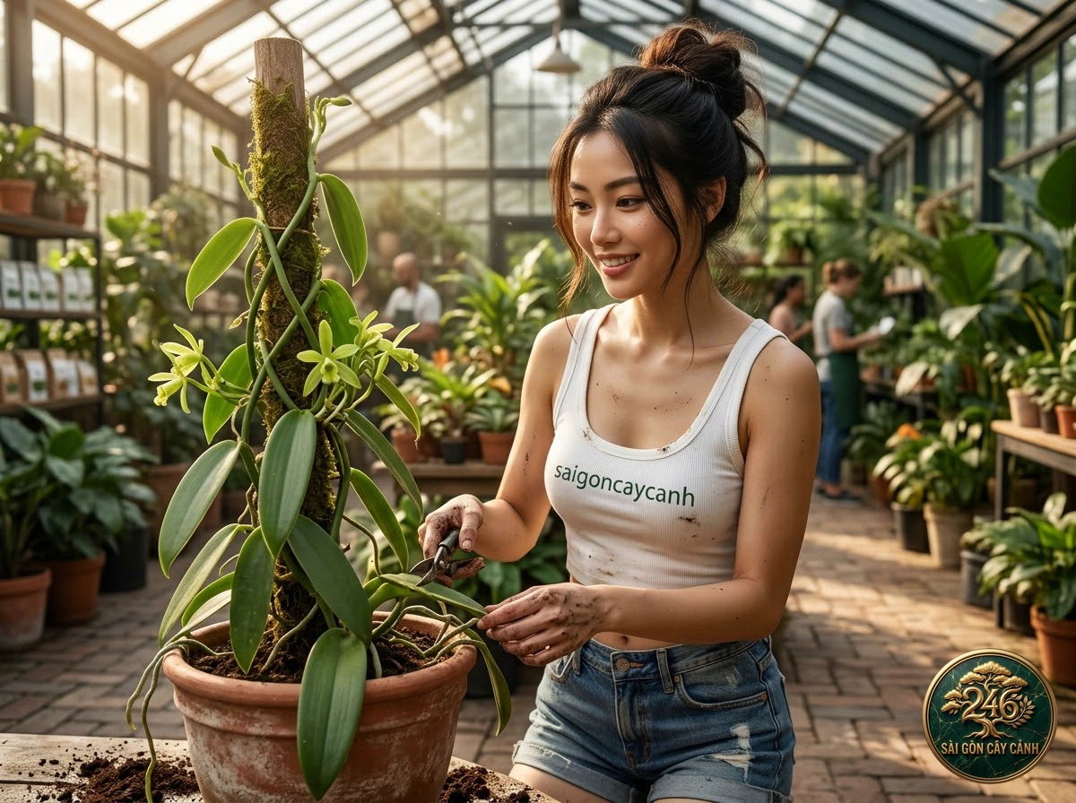 Hands-on plant care moments with Flat-leaved vanilla (Vanilla planifolia) at Saigon Cay Canh