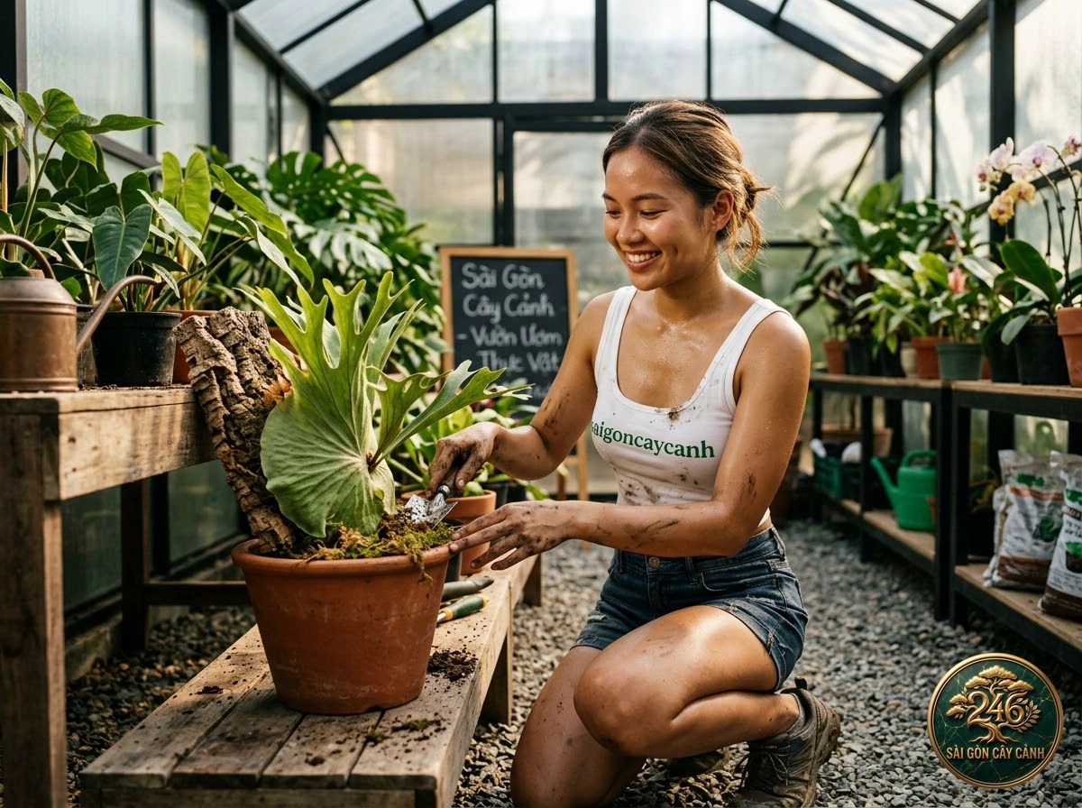 Hands-on plant care moments with Elkhorn fern (Platycerium bifurcatum) at Saigon Cay Canh