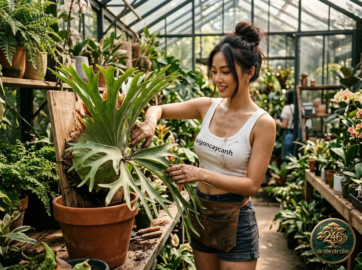 Hands-on plant care moments with Crown staghorn fern (Platycerium coronarium) at Saigon Cay Canh