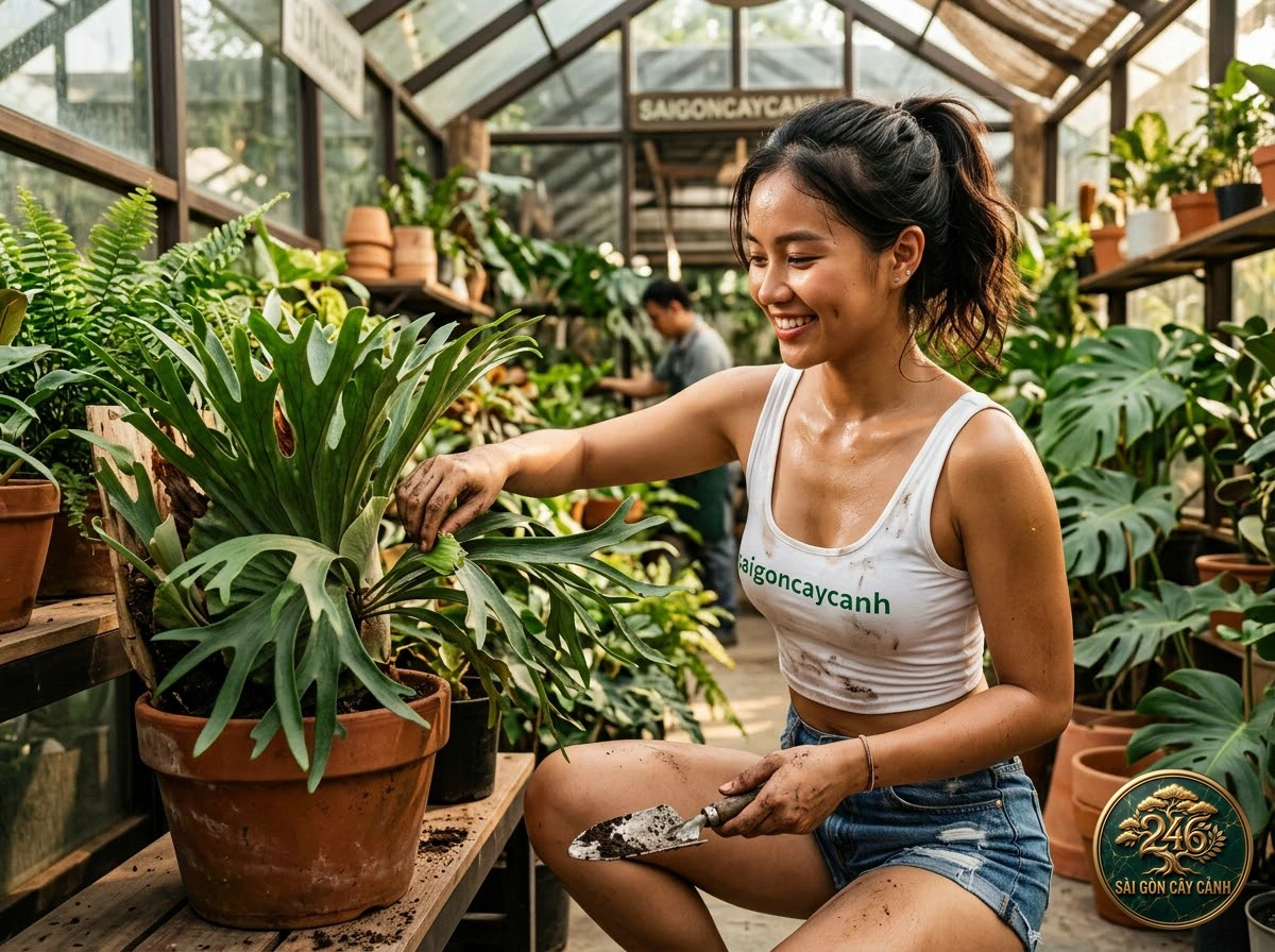 Khoảnh khắc chăm sóc Cây ổ rồng tổ kiến dựng đứng (Platycerium ridleyi) tại vườn ươm Sài Gòn Cây Cảnh
