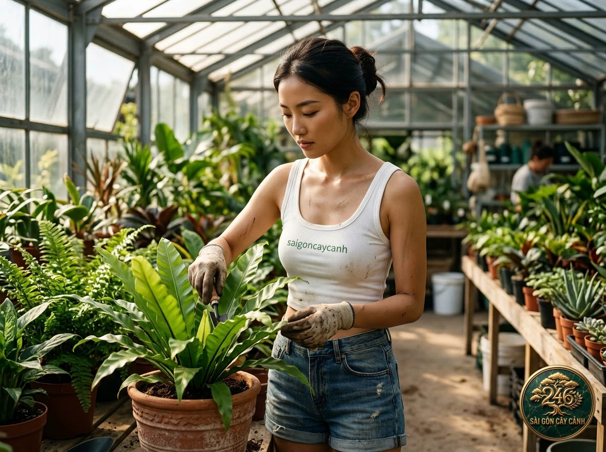 Hands-on plant care moments with Superb staghorn fern (Platycerium superbum) at Saigon Cay Canh