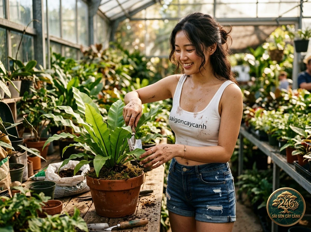 Hands-on plant care moments with Madagascar staghorn fern (Platycerium alcicorne) at Saigon Cay Canh
