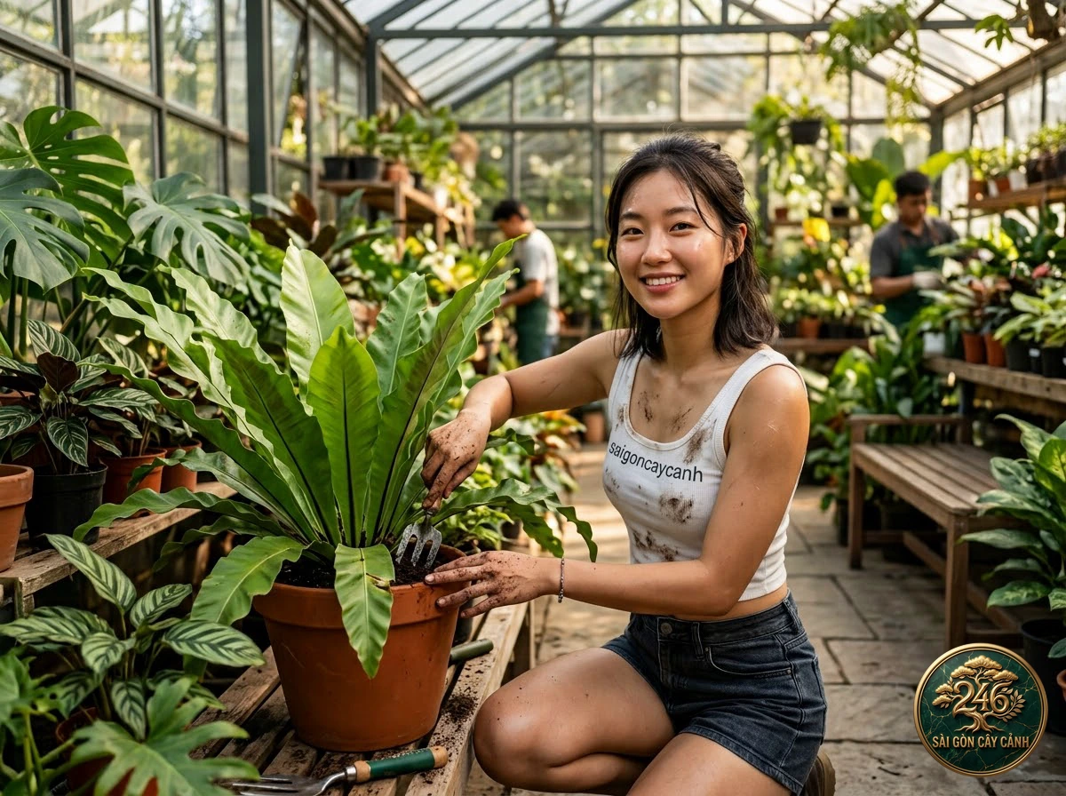 Khoảnh khắc chăm sóc Cây dương xỉ hai dạng lá đảo norfolk (Asplenium dimorphum) tại vườn ươm Sài Gòn Cây Cảnh