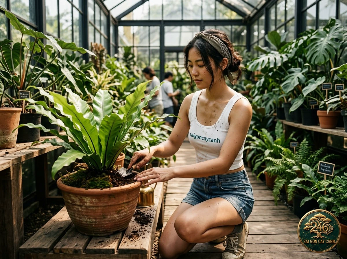 Hands-on plant care moments with Boston sword fern (Nephrolepis exaltata) at Saigon Cay Canh