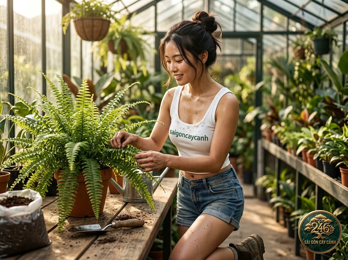 Hands-on plant care moments with Giant sword fern (Nephrolepis biserrata) at Saigon Cay Canh