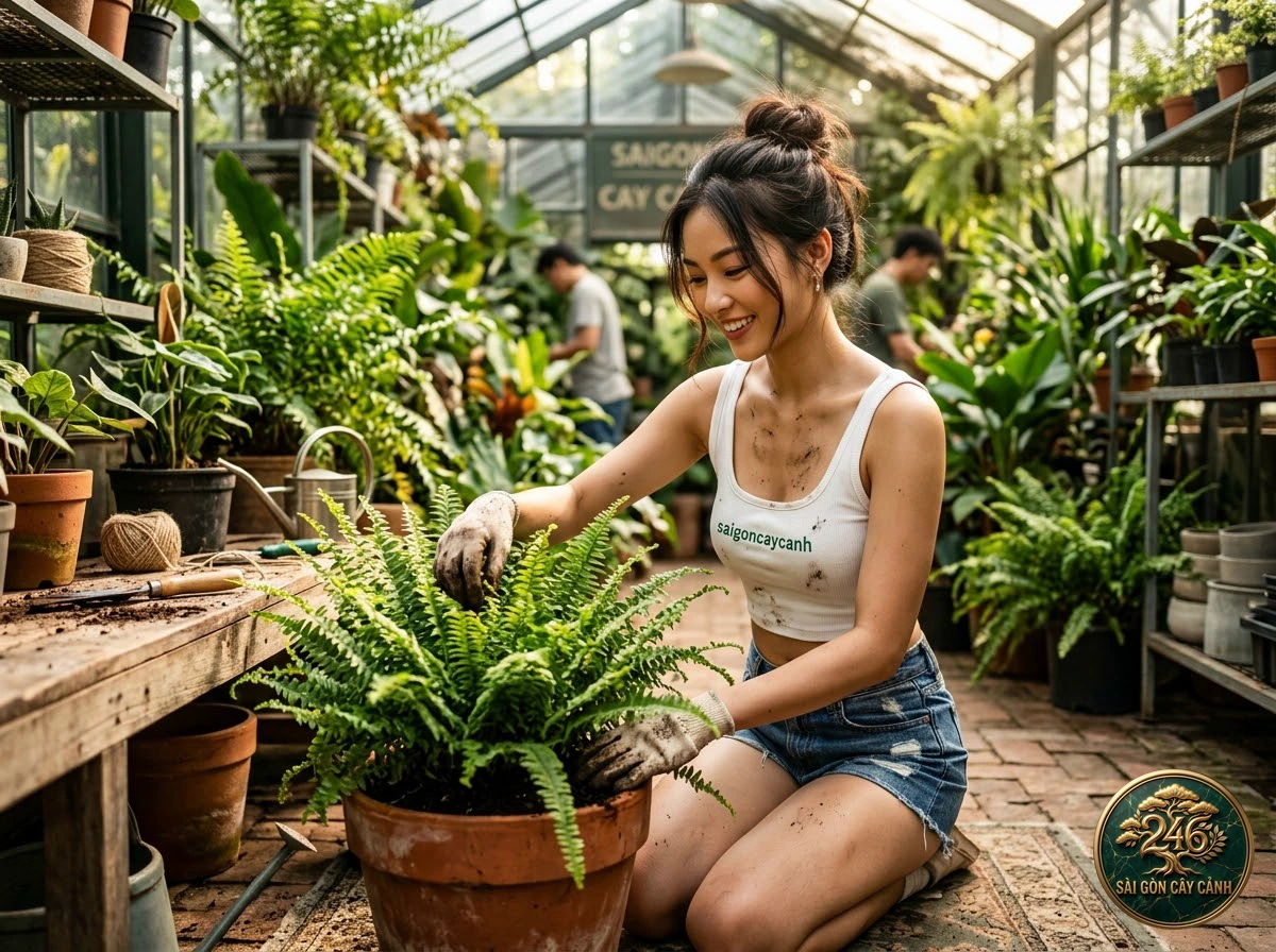 Hands-on plant care moments with Kimberley queen fern (Nephrolepis obliterata) at Saigon Cay Canh