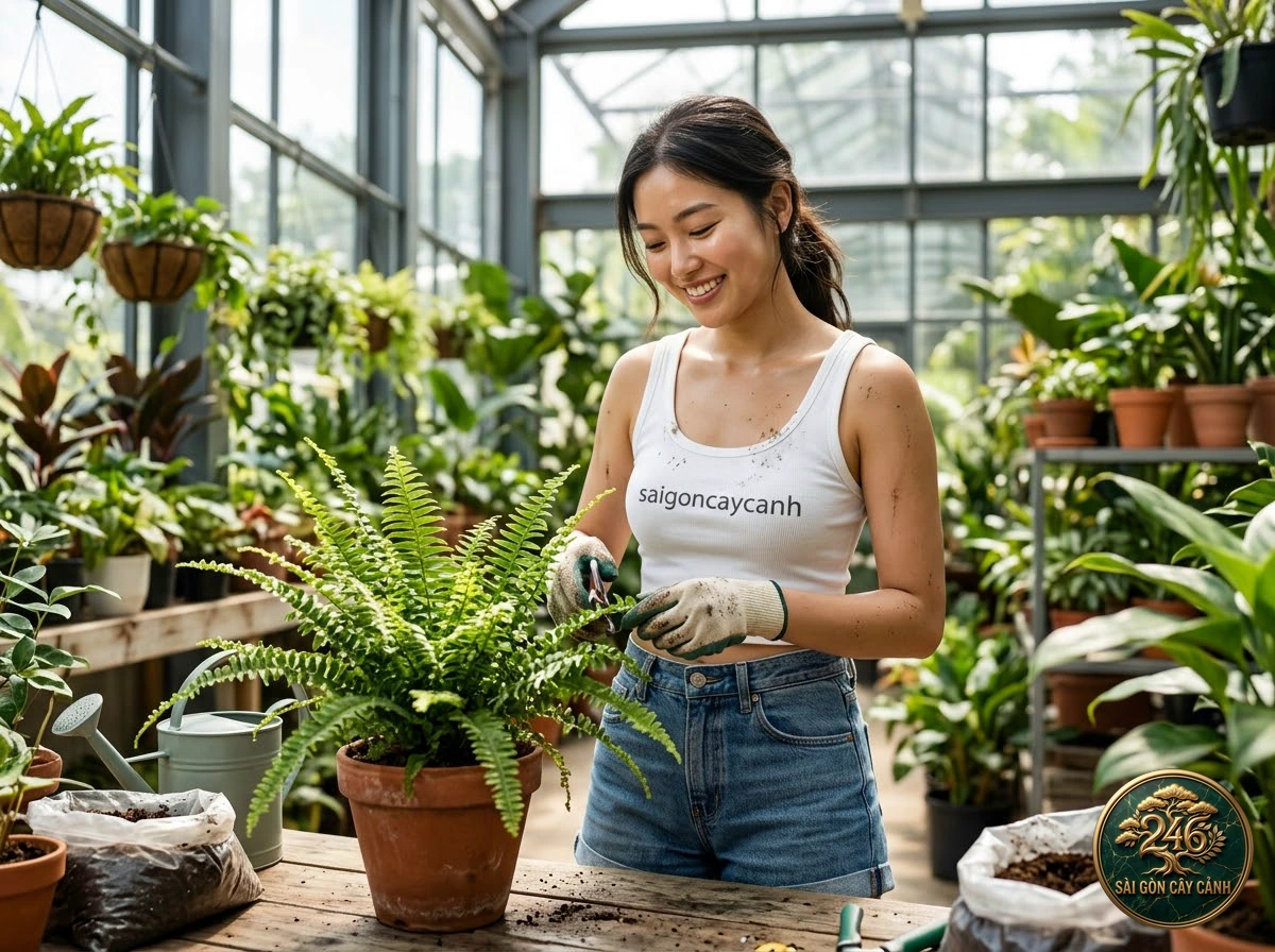 Hands-on plant care moments with Duff’s button fern (Nephrolepis duffii) at Saigon Cay Canh