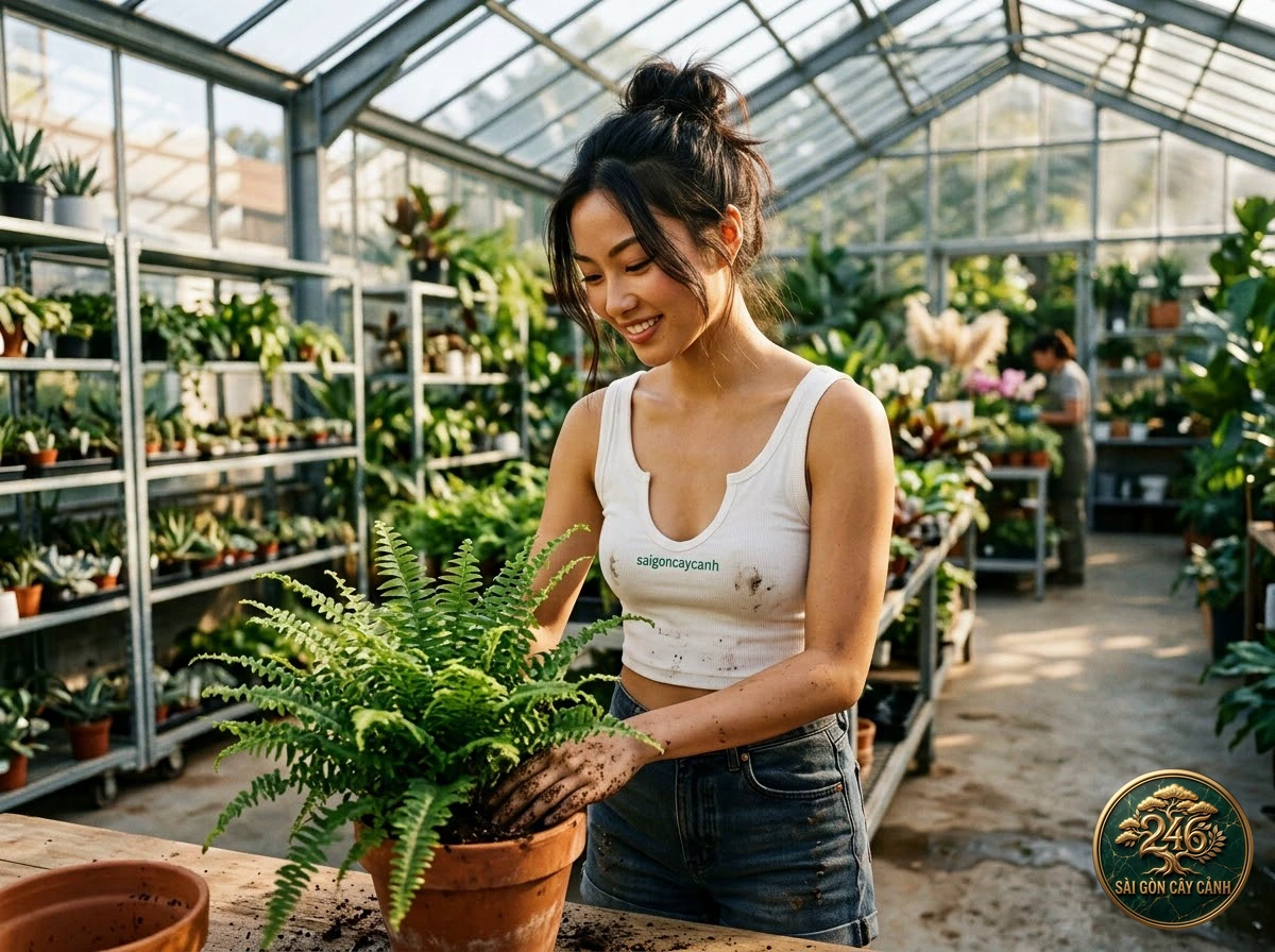 Hands-on plant care moments with Southern maidenhair fern (Adiantum capillus-veneris) at Saigon Cay Canh