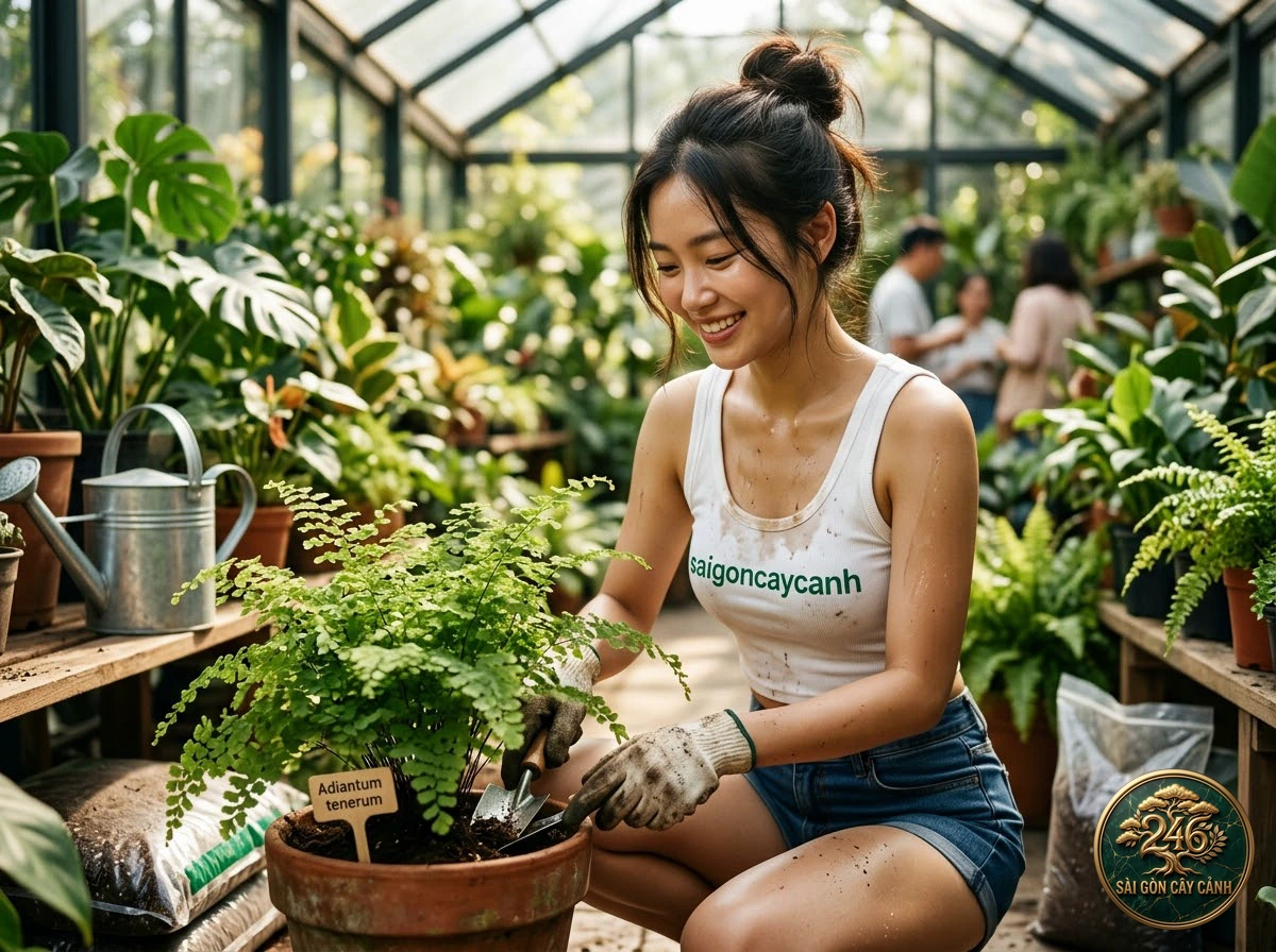 Hands-on plant care moments with Northern maidenhair fern (Adiantum pedatum) at Saigon Cay Canh