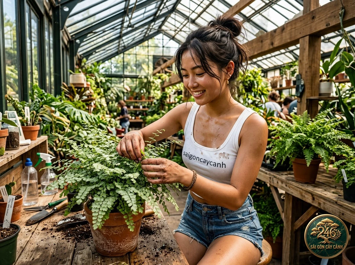 Khoảnh khắc chăm sóc Cây dương xỉ tóc thần bạc peru (Adiantum peruvianum) tại vườn ươm Sài Gòn Cây Cảnh
