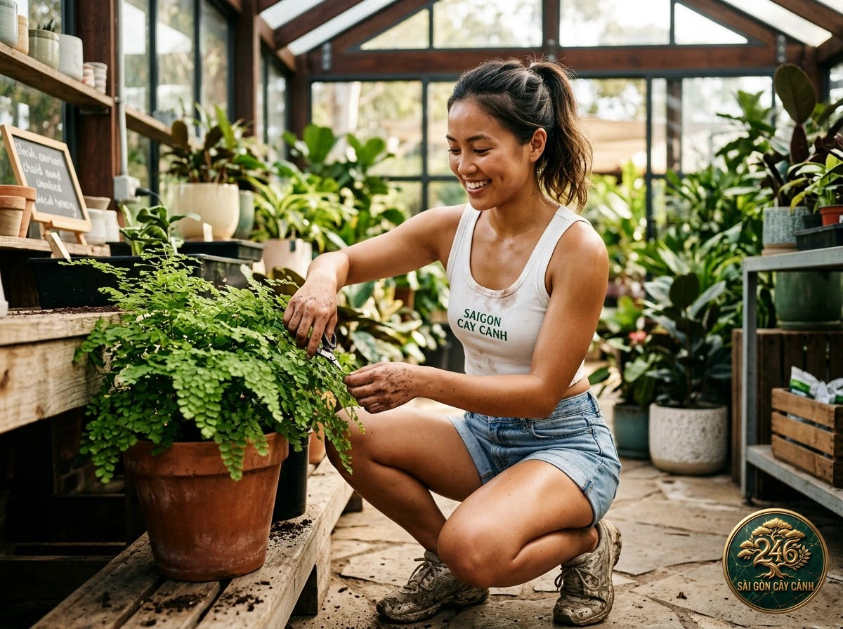 Khoảnh khắc chăm sóc Cây dương xỉ quạt giòn mảnh mai (Adiantum tenerum) tại vườn ươm Sài Gòn Cây Cảnh