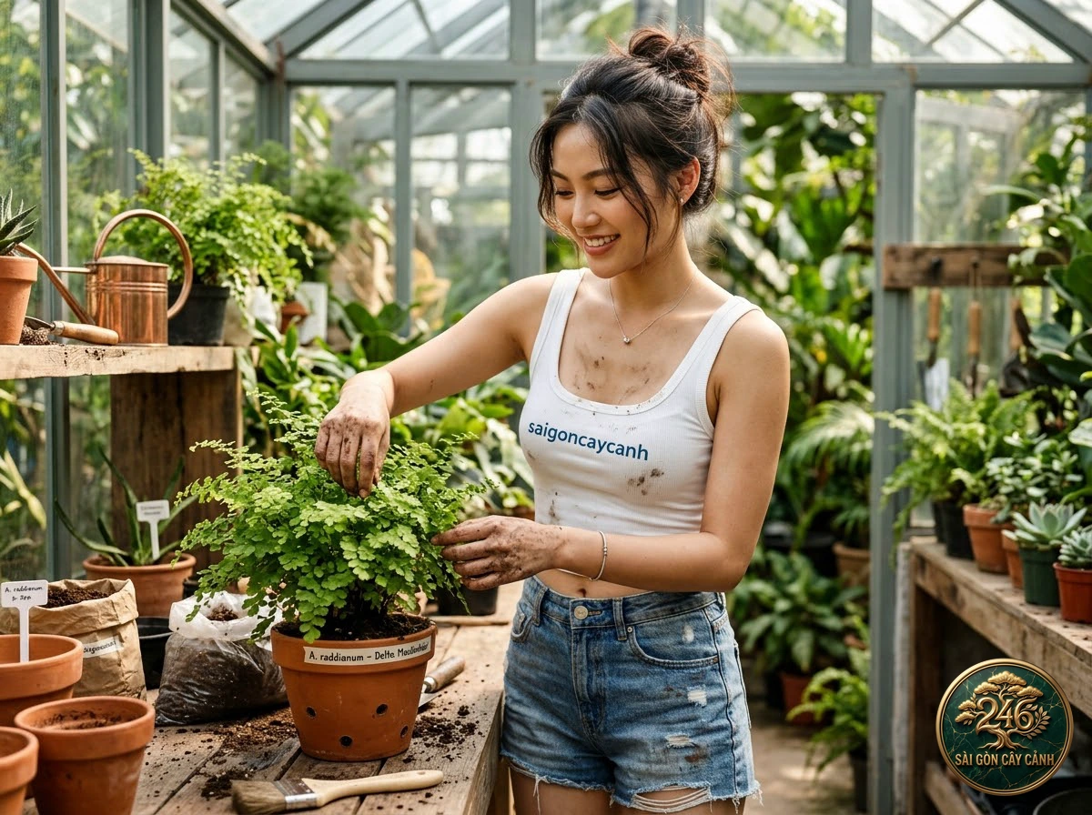 Khoảnh khắc chăm sóc Cây dương xỉ bò đuôi nhọn (Adiantum caudatum) tại vườn ươm Sài Gòn Cây Cảnh