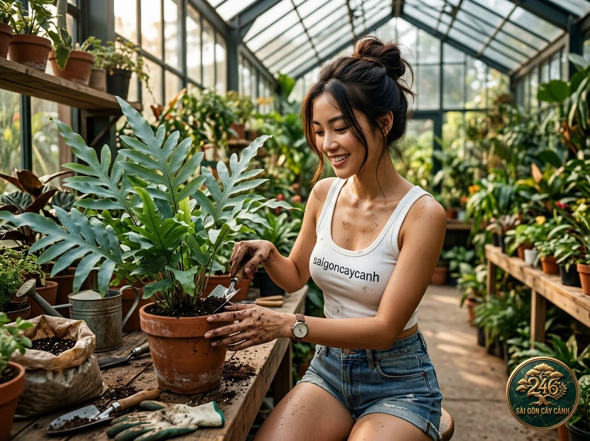 Hands-on plant care moments with Crocodile fern (Microsorum musifolium) at Saigon Cay Canh