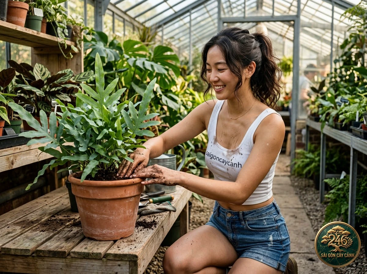Khoảnh khắc chăm sóc Cây dương xỉ chấm sao ngọc đốm (Microsorum punctatum) tại vườn ươm Sài Gòn Cây Cảnh