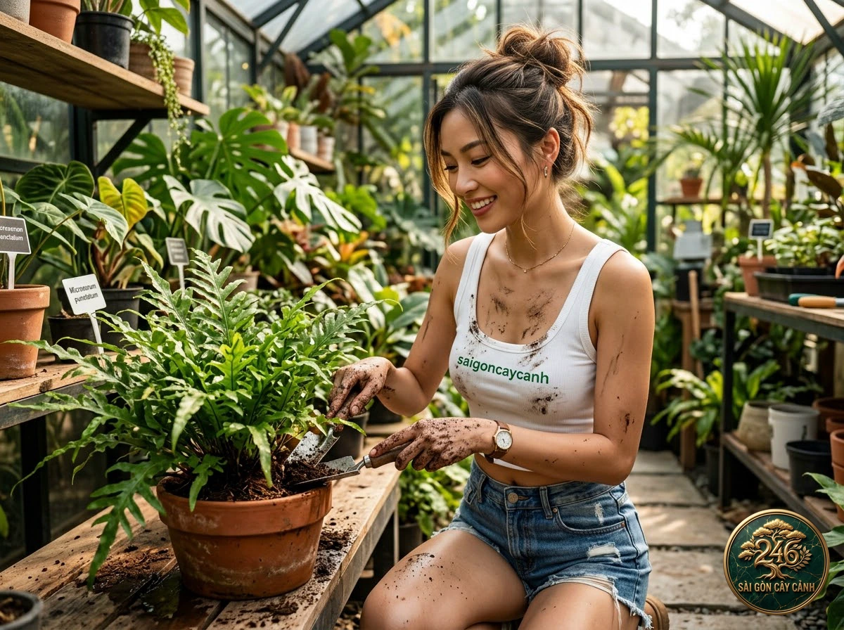 Khoảnh khắc chăm sóc Cây dương xỉ ngôi sao xanh lục bạc (Phlebodium aureum) tại vườn ươm Sài Gòn Cây Cảnh