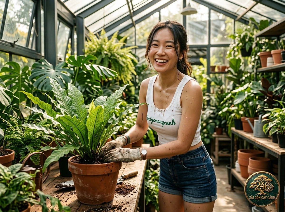 Khoảnh khắc chăm sóc Cây dương xỉ lá to gân nổi (Phlebodium decumanum) tại vườn ươm Sài Gòn Cây Cảnh