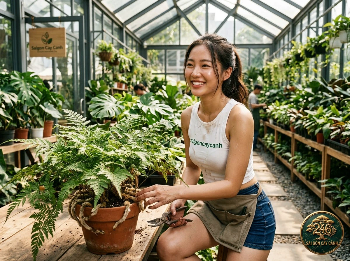 Hands-on plant care moments with Crowned aglaomorpha (Aglaomorpha coronans) at Saigon Cay Canh