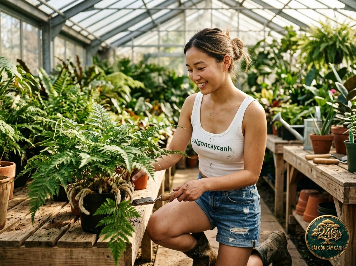 Khoảnh khắc chăm sóc Cây dương xỉ chân thỏ mịn phi châu (Davallia fejeensis) tại vườn ươm Sài Gòn Cây Cảnh