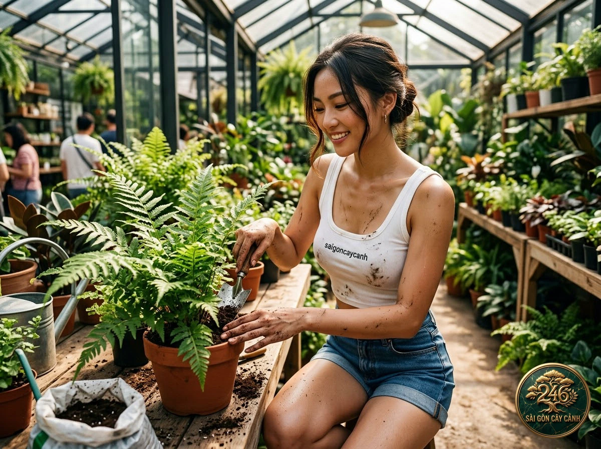 Hands-on plant care moments with Slender brake fern (Pteris ensiformis) at Saigon Cay Canh