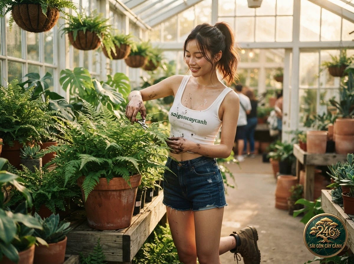 Khoảnh khắc chăm sóc Cây dương xỉ hái dải lọc thạch tín (Pteris vittata) tại vườn ươm Sài Gòn Cây Cảnh