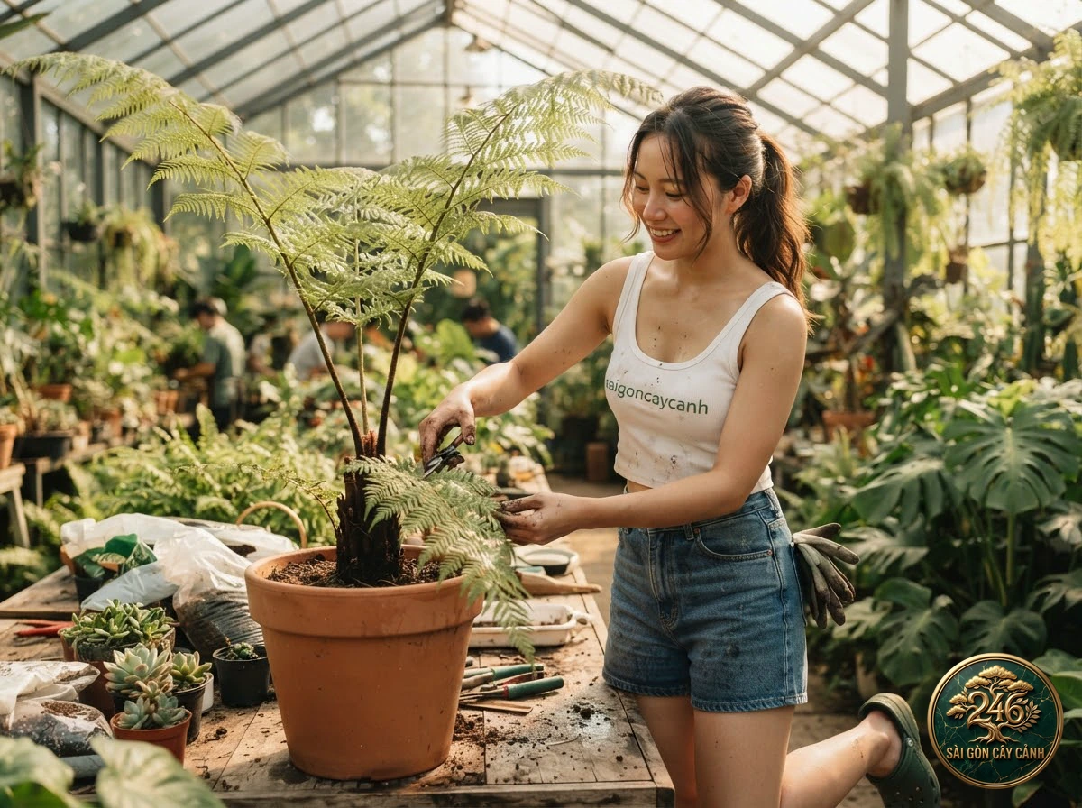 Hands-on plant care moments with Tender brake fern (Pteris tremula) at Saigon Cay Canh