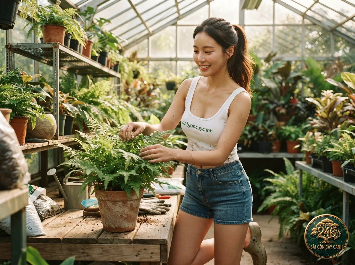 Khoảnh khắc chăm sóc Cây dương xỉ thân gỗ thô nhám (Cyathea australis) tại vườn ươm Sài Gòn Cây Cảnh