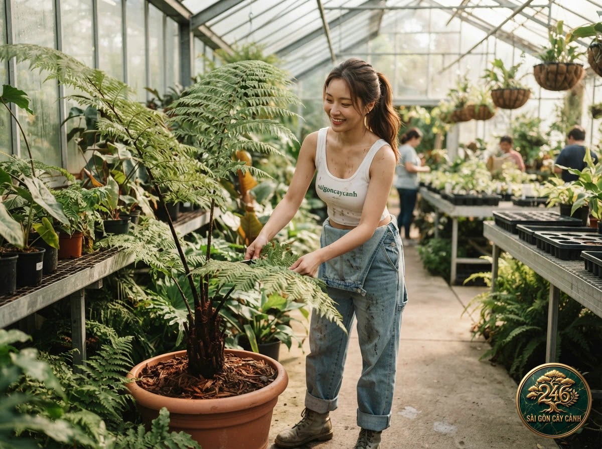 Hands-on plant care moments with Black tree fern (Cyathea medullaris) at Saigon Cay Canh