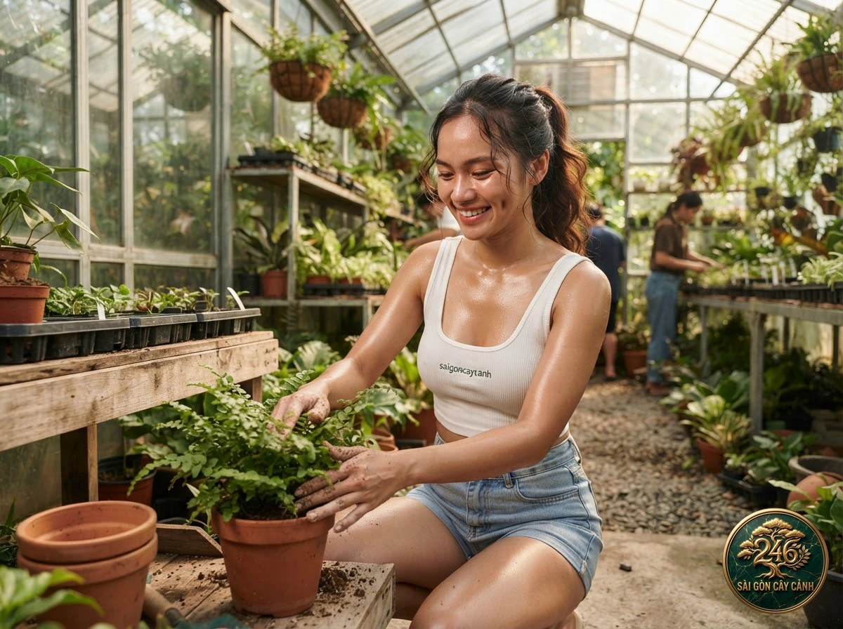 Khoảnh khắc chăm sóc Cây dương xỉ thân gỗ wheki new zealand (Dicksonia squarrosa) tại vườn ươm Sài Gòn Cây Cảnh