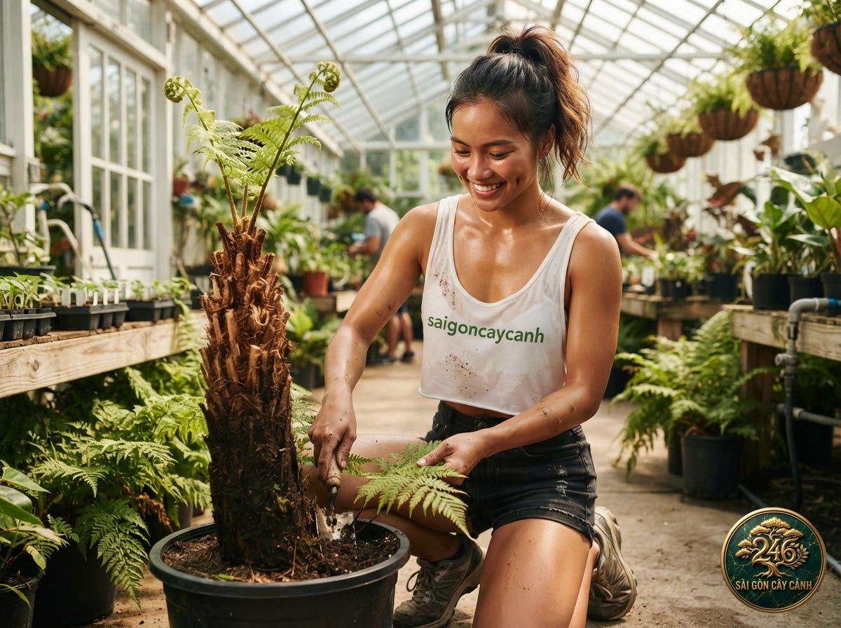 Khoảnh khắc chăm sóc Cây dương xỉ cúc áo lá tròn (Pellaea rotundifolia) tại vườn ươm Sài Gòn Cây Cảnh