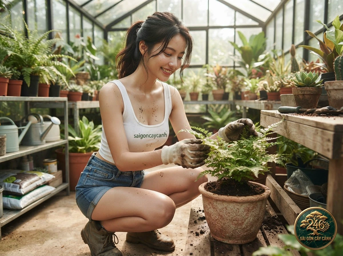 Hands-on plant care moments with Martens’s spikemoss (Selaginella martensii) at Saigon Cay Canh