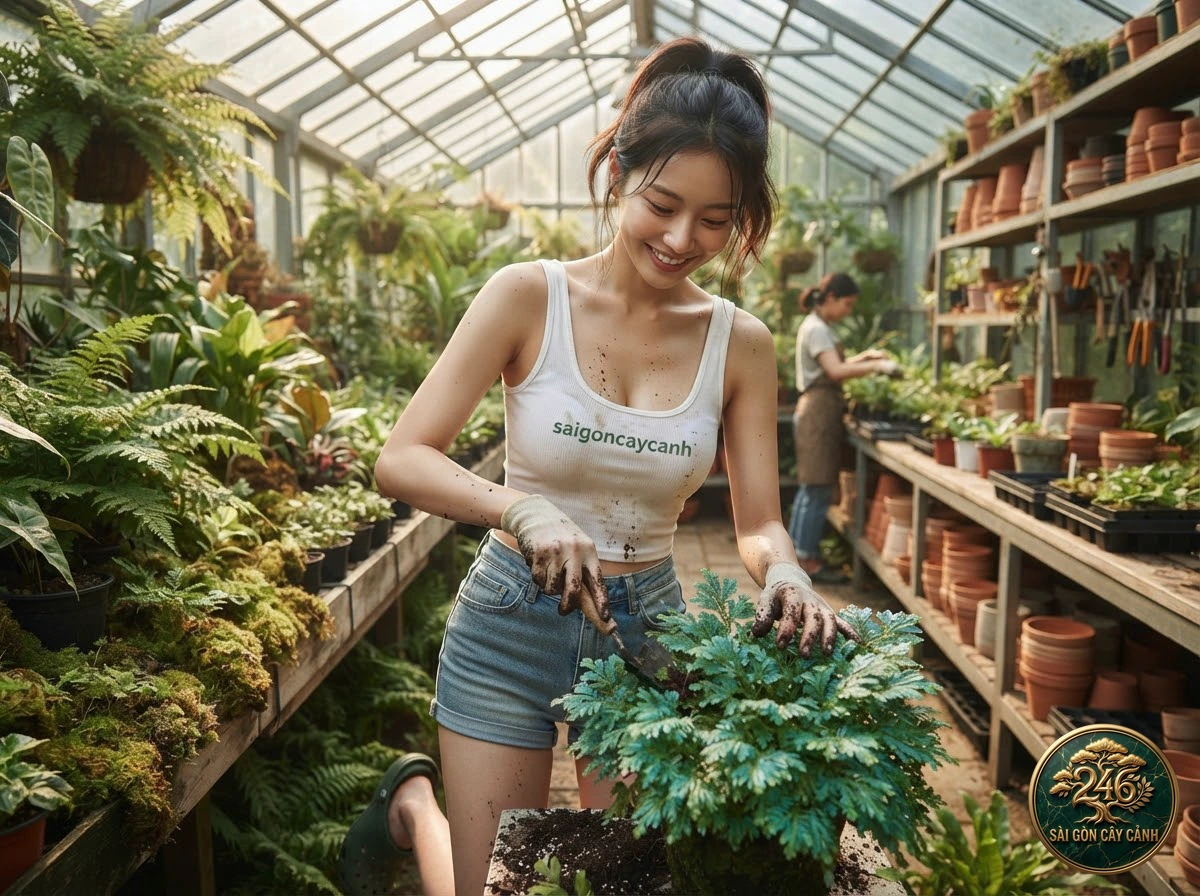 Hands-on plant care moments with Tamarix spikemoss (Selaginella tamariscina) at Saigon Cay Canh
