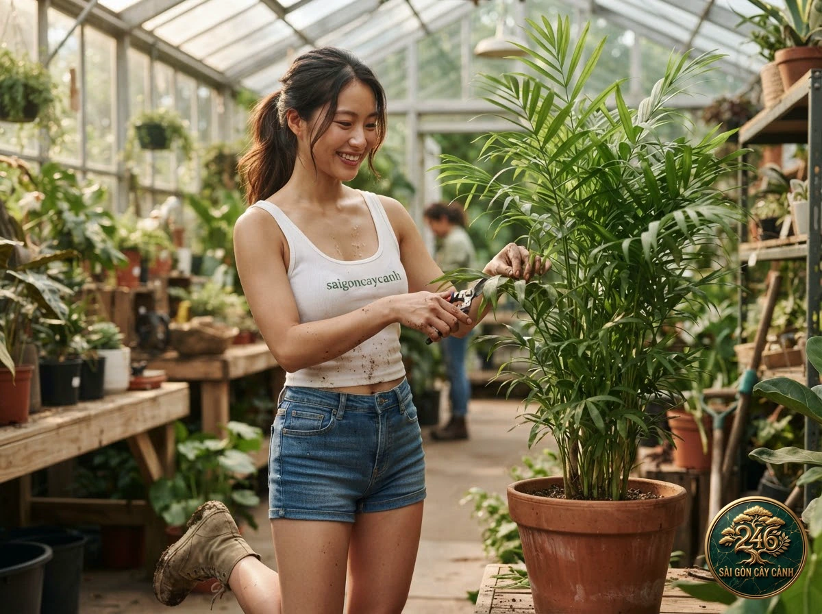 Khoảnh khắc chăm sóc Cau tre trúc bụi nội thất (Chamaedorea seifrizii) tại vườn ươm Sài Gòn Cây Cảnh