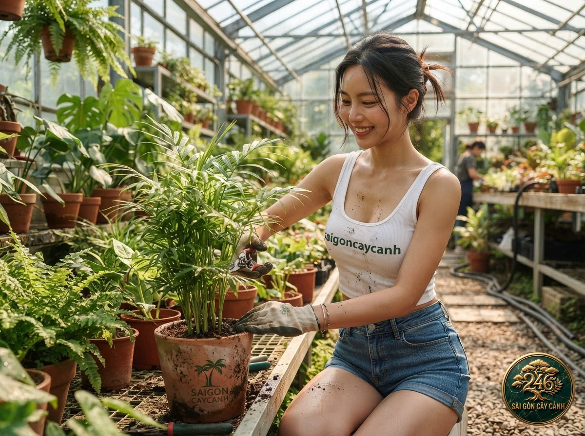 Khoảnh khắc chăm sóc Cây cau vàng nhật buồng quả vàng (Dypsis lutescens) tại vườn ươm Sài Gòn Cây Cảnh