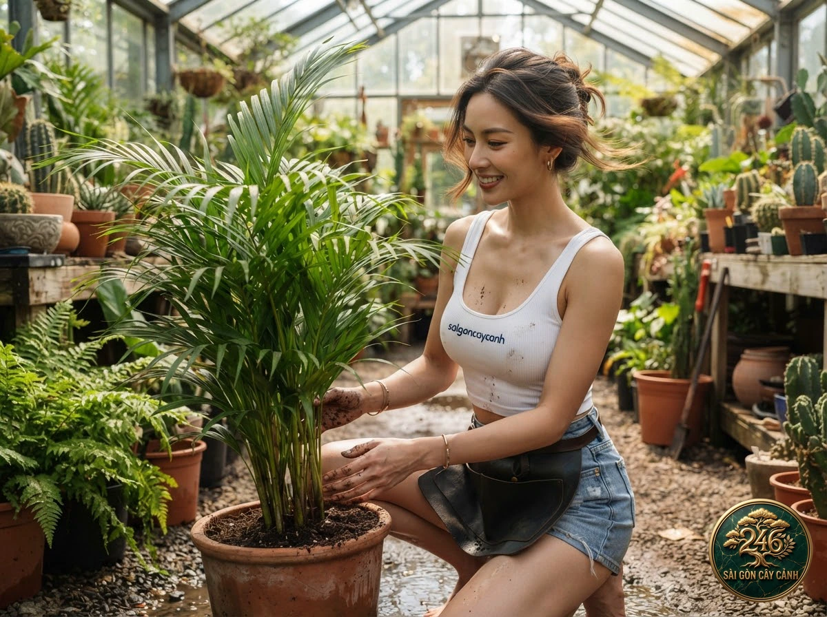 Hands-on plant care moments with Sugar cane palm (Dypsis baronii) at Saigon Cay Canh
