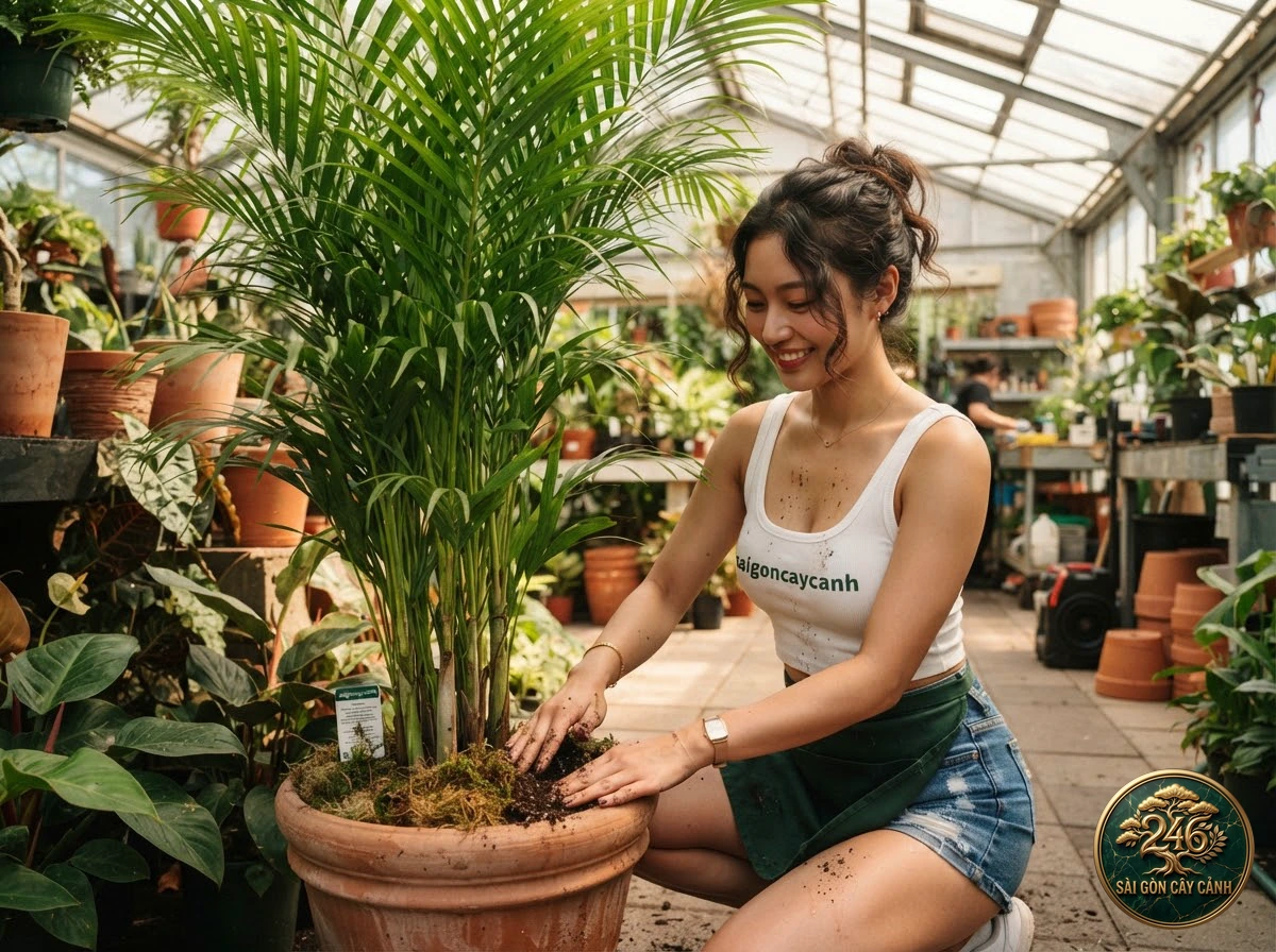 Hands-on plant care moments with Pemba palm (Dypsis pembana) at Saigon Cay Canh