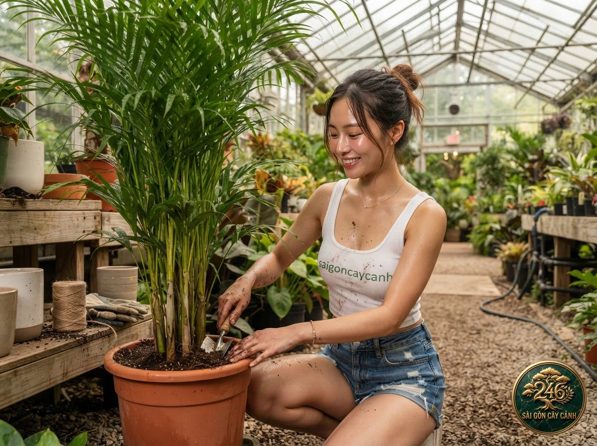 Hands-on plant care moments with Broadleaf lady palm (Rhapis excelsa) at Saigon Cay Canh