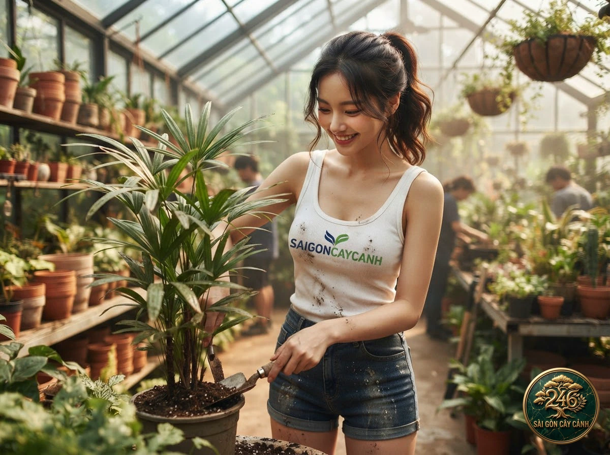 Khoảnh khắc chăm sóc Cây mật cật nhiều thùy xoè quạt (Rhapis multifida) tại vườn ươm Sài Gòn Cây Cảnh