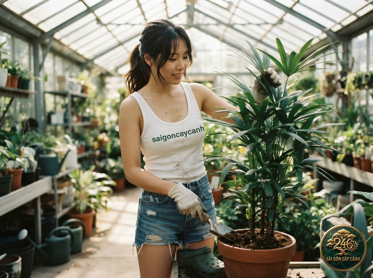 Khoảnh khắc chăm sóc Câyng đùng đình đuôi cá bụi (Caryota mitis) tại vườn ươm Sài Gòn Cây Cảnh