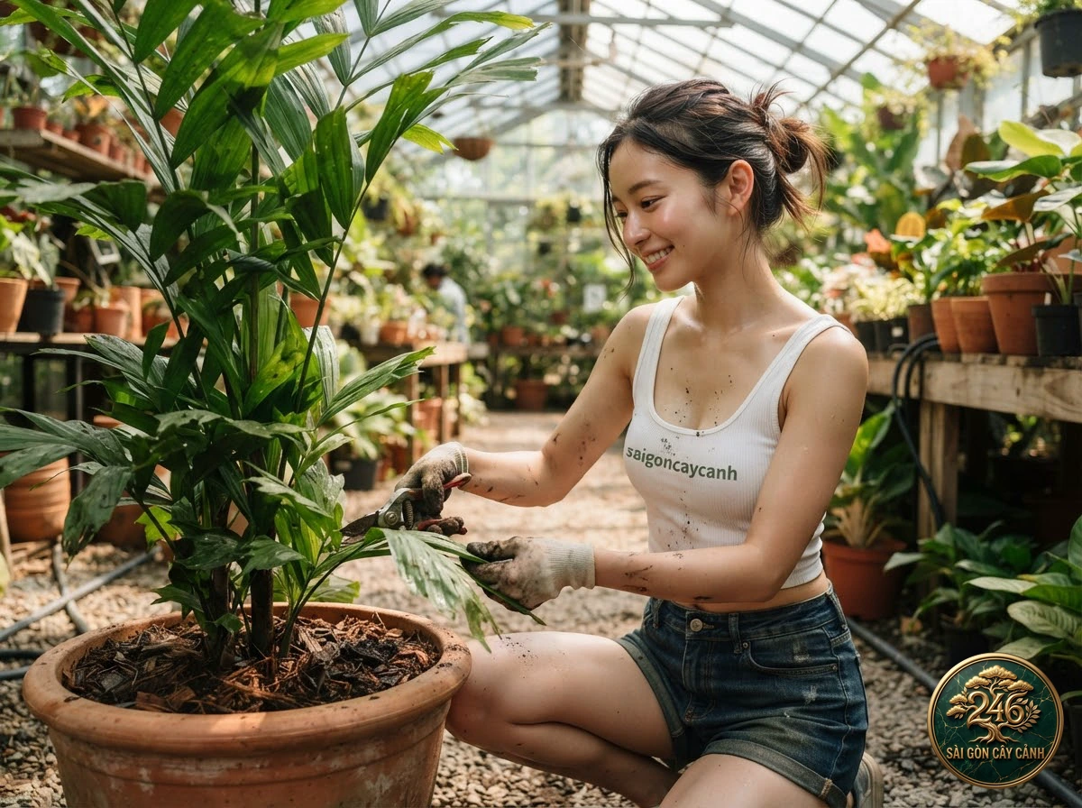 Hands-on plant care moments with Pygmy date palm (Phoenix roebelenii) at Saigon Cay Canh