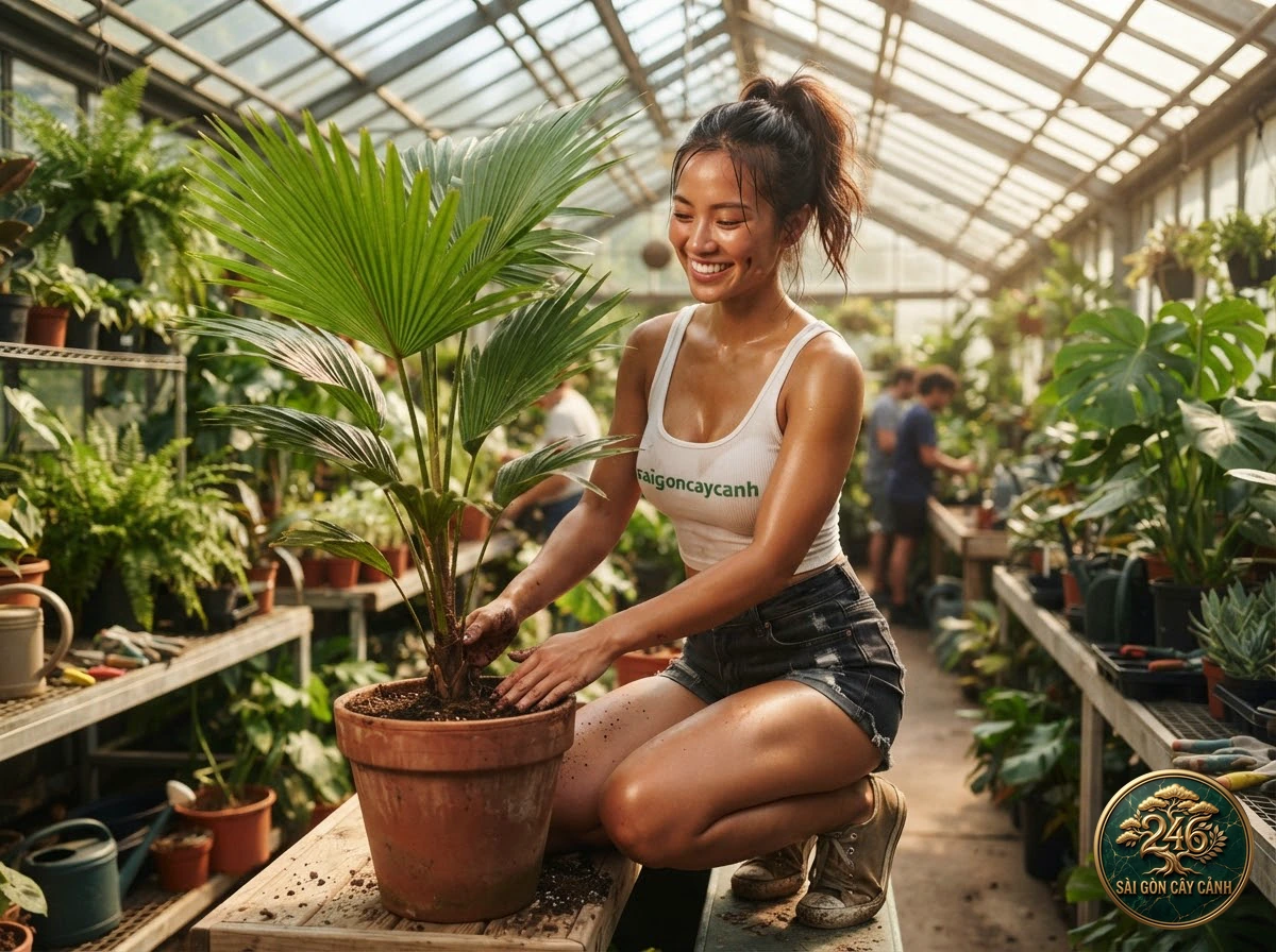 Hands-on plant care moments with Canary island date palm (Phoenix canariensis) at Saigon Cay Canh