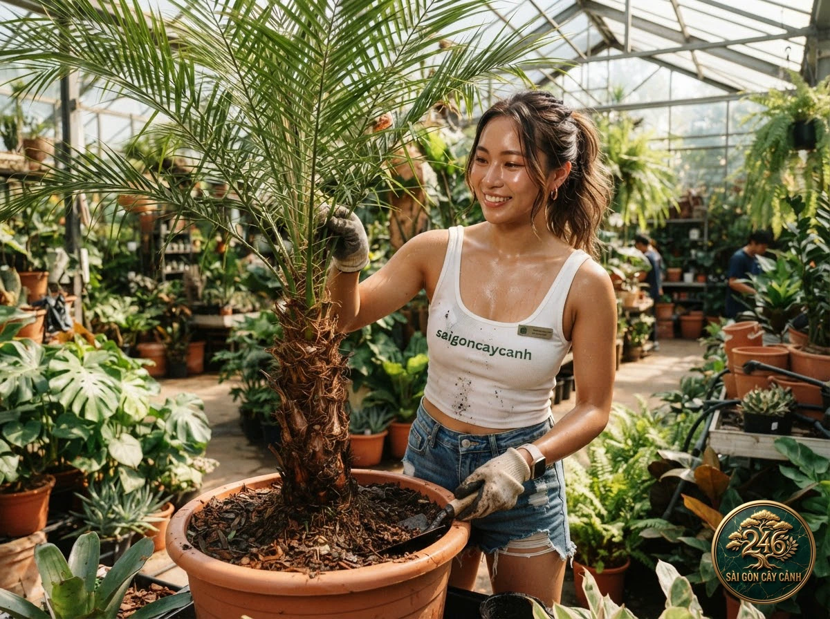 Hands-on plant care moments with Senegal date palm (Phoenix reclinata) at Saigon Cay Canh