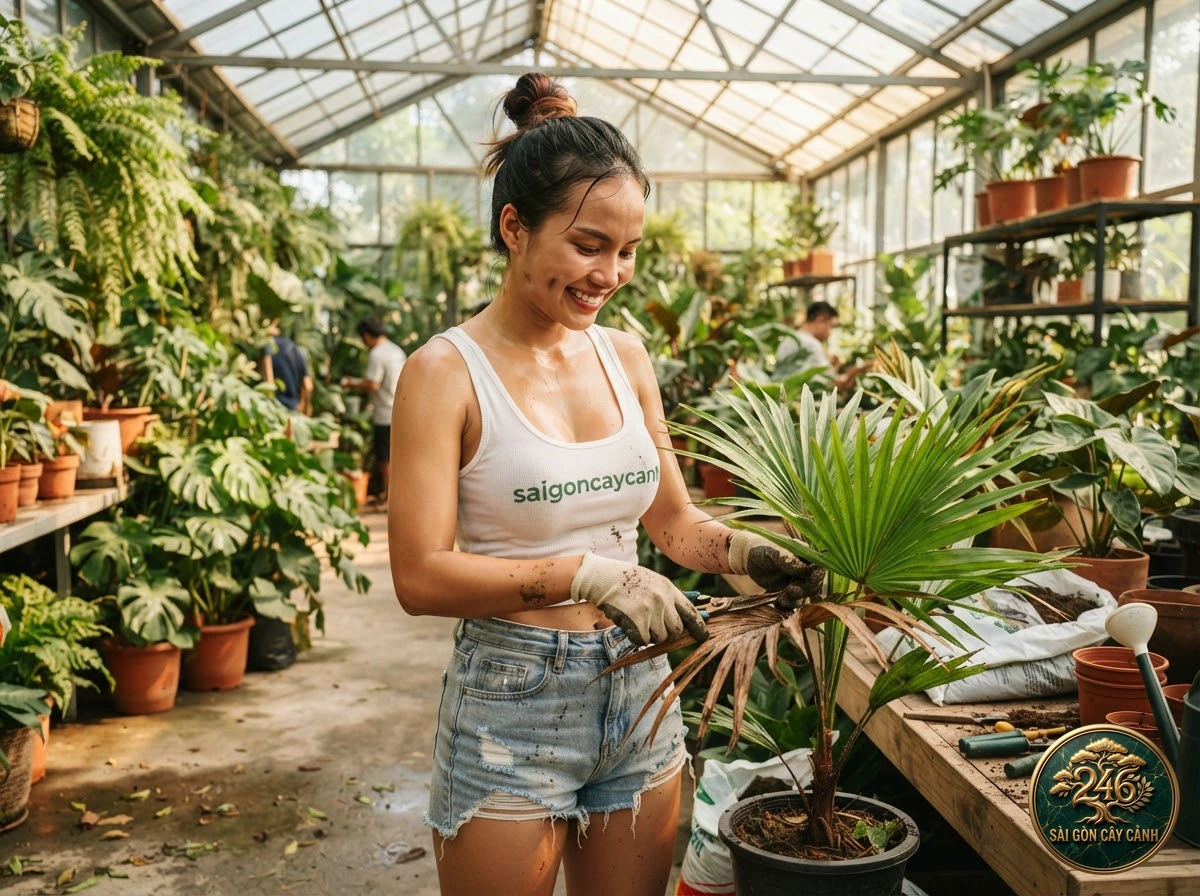 Khoảnh khắc chăm sóc Cây cọ xẻ lá cọ quạt trung quốc (Livistona chinensis) tại vườn ươm Sài Gòn Cây Cảnh