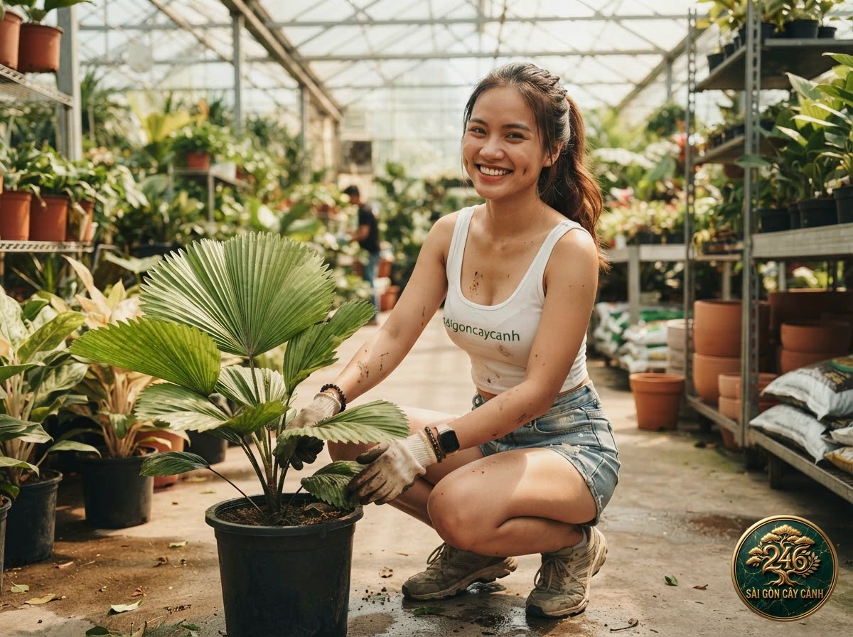 Hands-on plant care moments with Footstool palm (Livistona rotundifolia) at Saigon Cay Canh